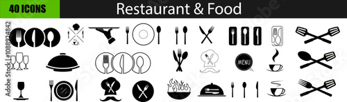 A set of restaurant-themed vector line icons, featuring black outline designs ideal for mobile apps, websites, or site design. Vector illustration.