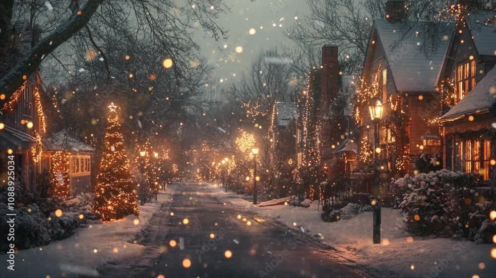Sparkling Christmas tree illuminated in snowy forest during winter evening with soft glowing lights and falling snowflakes Sparkling Christmas tree illuminated in snowy forest during winter evening with soft glowing lights and falling snowflakes