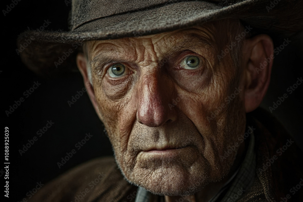 Elderly Caucasian man with piercing eyes wearing a weathered hat, capturing a sense of wisdom and experience against a dark background. Elderly Caucasian man with piercing eyes wearing a weathered hat, capturing a sense of wisdom and experience against a dark background.