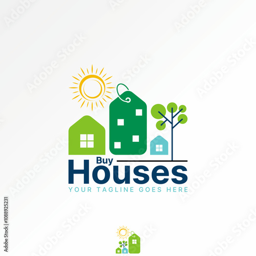 Logo design graphic concept creative premium vector stock image graphic text word Buy Houses bright sun home price tag to green tree property mortgage