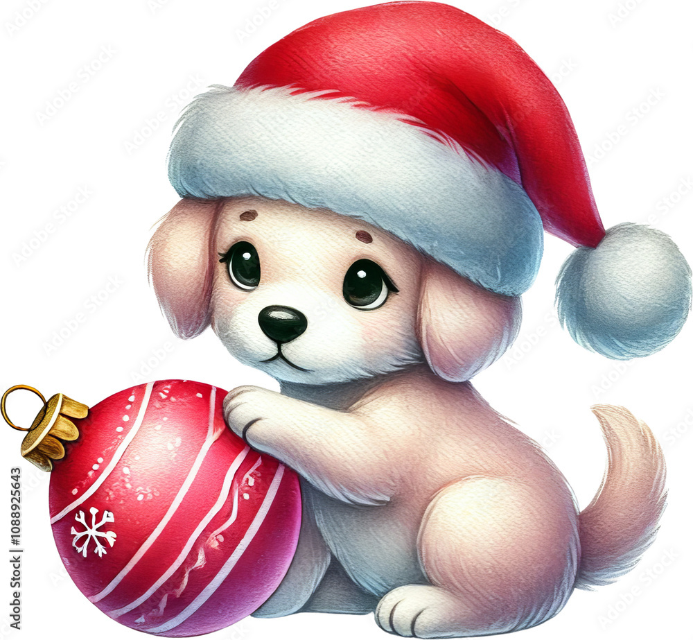 A cute puppy in a Santa hat playing with a Christmas ornament, perfect for festive themes. A cute puppy in a Santa hat playing with a Christmas ornament, perfect for festive themes.