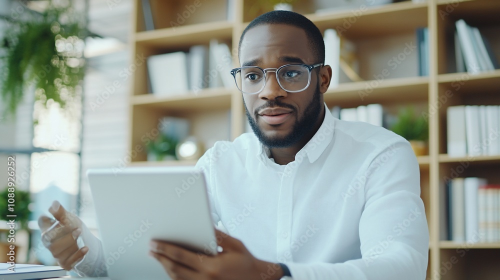 Focused businessman using tablet in modern office. Focused businessman using tablet in modern office.