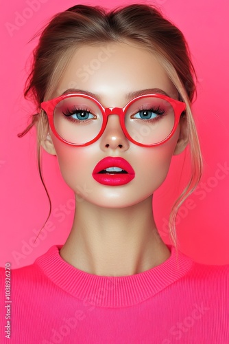 Close-Up Portrait of a Beautiful Woman Wearing Stylish Red Glasses on a Vibrant Pink Background photo