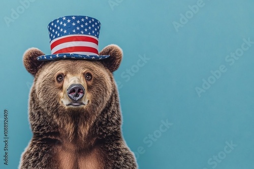 The bear in the image is wearing a patriotic hat with American stars and stripes. It is the 4th of July holiday. photo