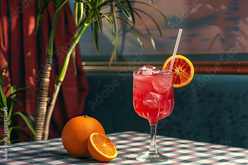 Refreshing red cocktail garnished with orange slice, served in a stemmed glass on a checkered tablecloth.