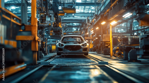 modern automotive manufacturing facility showcasing car on assembly line, surrounded by machinery and industrial equipment, highlighting metal stamping process