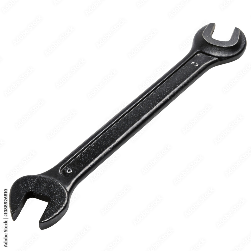 A black, dual-ended open spanner with a durable metallic finish. Sleek and ergonomic, essential for mechanical adjustments or tightening tasks, set against a transparent background A black, dual-ended open spanner with a durable metallic finish. Sleek and ergonomic, essential for mechanical adjustments or tightening tasks, set against a transparent background