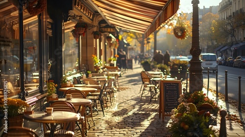 The photo showcases a charming French café terrace with tables adorned with cups of espresso and pastries, nestled under striped awnings, with the backdrop of a bustling Parisian street. Photography,