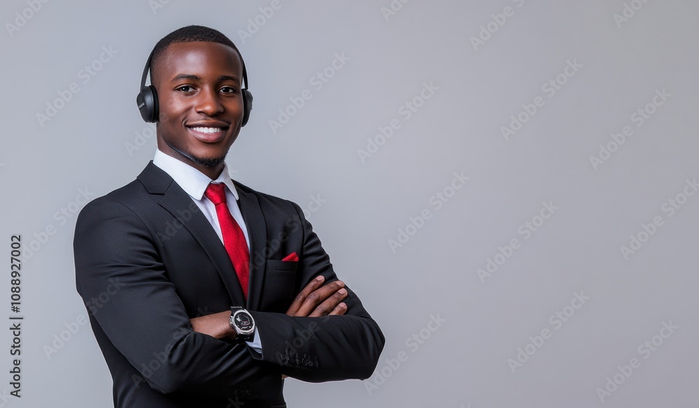 A smiling man in a suit with headphones, embodying professionalism and confidence. A smiling man in a suit with headphones, embodying professionalism and confidence.