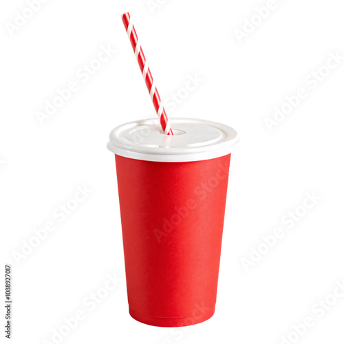 A bright red takeaway cup with a striped red-and-white straw emerging through a white plastic lid, set against a transparent background