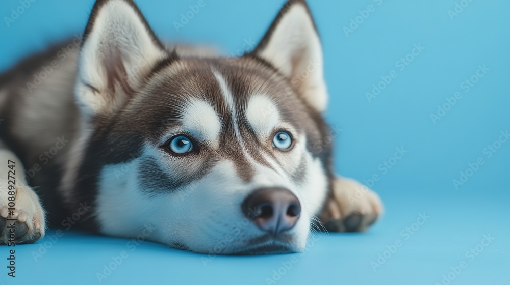A close-up of a resting Siberian Husky with striking blue eyes on a blue background. A close-up of a resting Siberian Husky with striking blue eyes on a blue background.