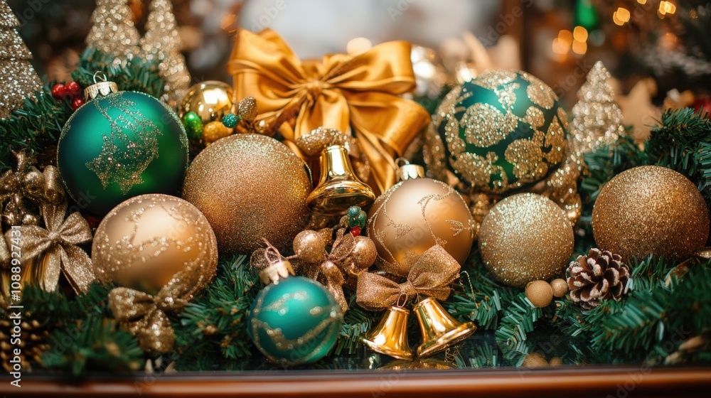 Festive Christmas Decorations with Gold and Green Ornaments Festive Christmas Decorations with Gold and Green Ornaments