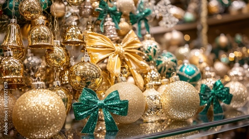 Festive Holiday Ornaments and Decorations in Gold and Green