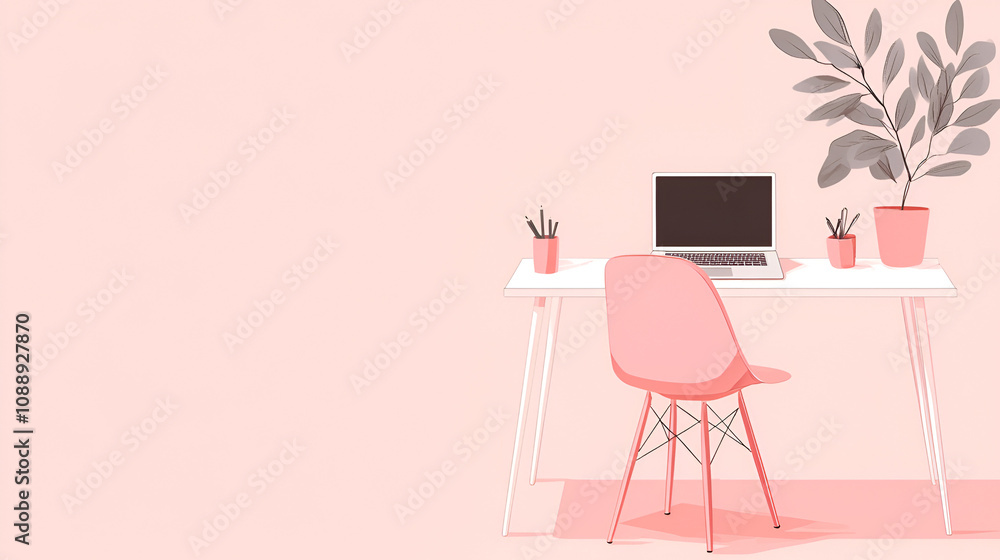 Fototapeta premium Pastel pink chair at a white desk with a laptop and plant minimalist home office setup Copy space