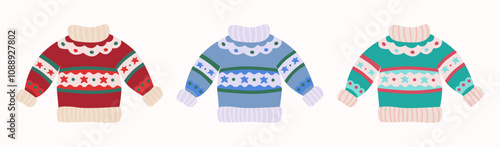 Christmas sweaters in colorful variants, cozy winter holiday decoration, graphic sticker. Vector illustration.