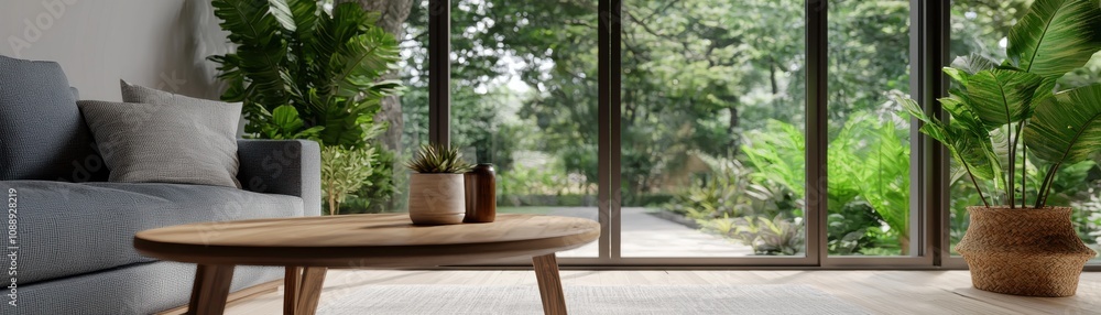Fototapeta premium A modern living space featuring a wooden table, potted plants, and large windows that provide a view of lush greenery outside.