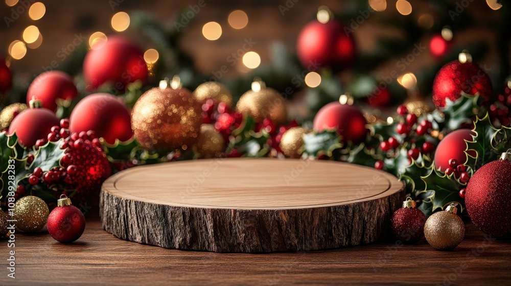 Festive Tabletop with Rustic Wood Platter Surrounded by Holiday Ornaments Festive Tabletop with Rustic Wood Platter Surrounded by Holiday Ornaments