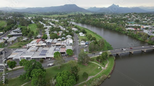 Aerial View Of Cars Driving On The Road Bridge Over Tweed River In Murwillumbah, NSW, Australia. photo