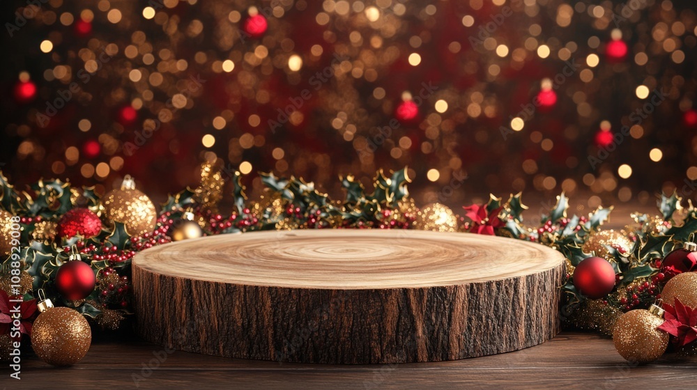 Festive Holiday Display with Natural Wood and Sparkling Ornaments Festive Holiday Display with Natural Wood and Sparkling Ornaments