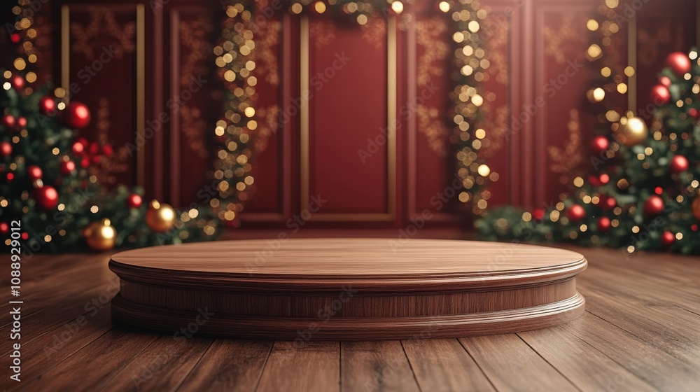 Fototapeta premium Elegant Wooden Stage Surrounded by Christmas Decor