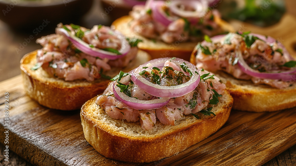 Elegant open-faced sandwiches with herring, onions, and fresh greens on toasted bread, beautifully plated on a white dish. Great for food photography. Elegant open-faced sandwiches with herring, onions, and fresh greens on toasted bread, beautifully plated on a white dish. Great for food photography.