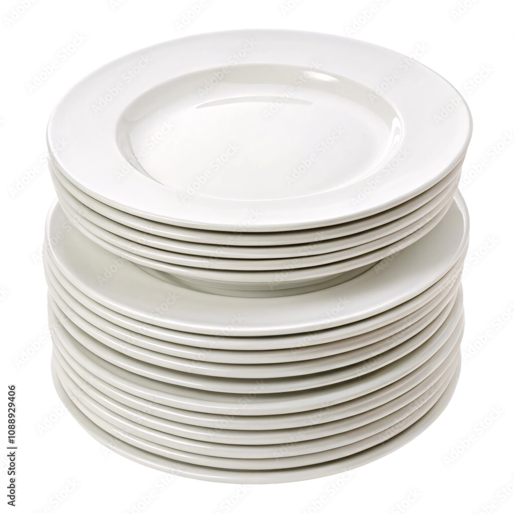 Obraz premium A neat stack of pristine white ceramic plates with a simple, smooth design. Perfect for formal dining or casual meals, set against a transparent background