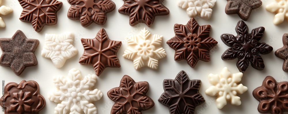 Artistic arrangement of various chocolate snowflake designs white, dark, and milk chocolate on a soft white background Artistic arrangement of various chocolate snowflake designs white, dark, and milk chocolate on a soft white background