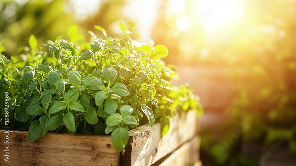 Lush green herb plants growing in wooden planters outdoors, bathed in golden sunlight. Ideal for gardening and organic lifestyle concepts. Lush green herb plants growing in wooden planters outdoors, bathed in golden sunlight. Ideal for gardening and organic lifestyle concepts.