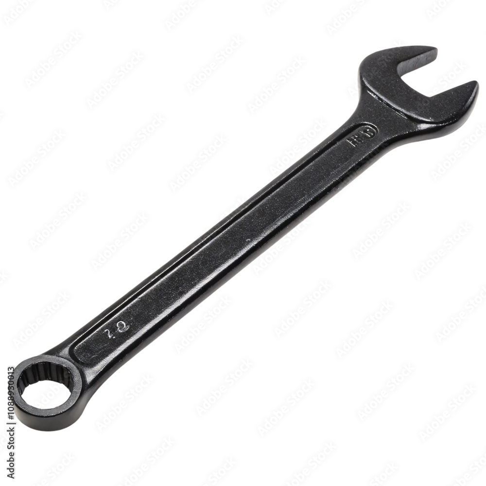 A polished metallic spanner featuring one open and one circular end, perfect for precision mechanical repairs or assembling various components, set against a transparent background A polished metallic spanner featuring one open and one circular end, perfect for precision mechanical repairs or assembling various components, set against a transparent background