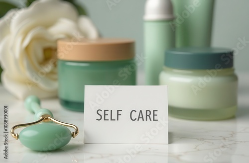 Cosmetic products and white card with text Self care photo