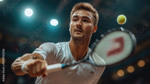 Tennis player intensely focused, swinging racket, ball in air, night game.