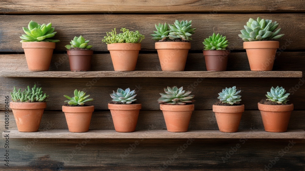 Collection of Lush Succulent Plants in Terracotta Pots Arranged on Elegant Wooden Shelves for Home Decor and Natural Aesthetic Appeal Collection of Lush Succulent Plants in Terracotta Pots Arranged on Elegant Wooden Shelves for Home Decor and Natural Aesthetic Appeal