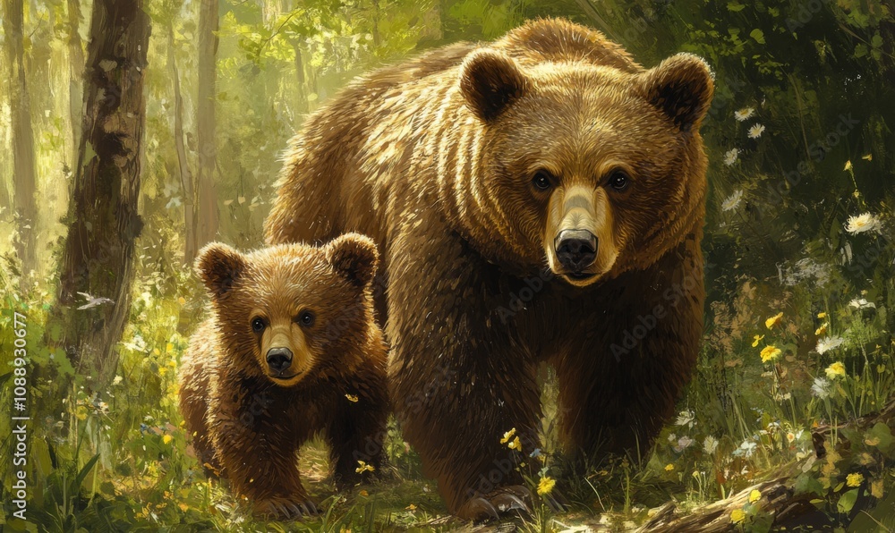 Fototapeta premium Mother bear and cub exploring the forest together, bears, wildlife, nature, family, adorable, fluffy, furry