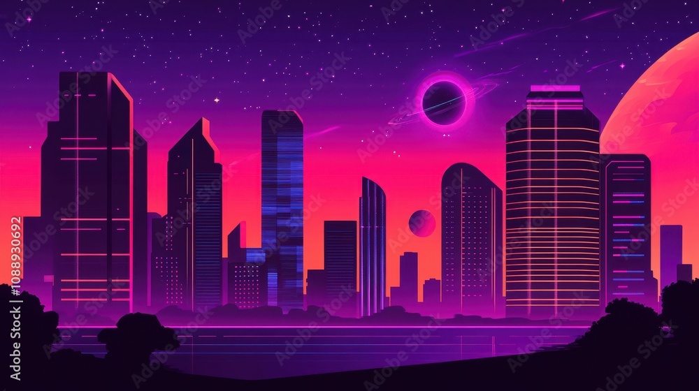 Fototapeta premium Retro futuristic city skyline at night with planets.