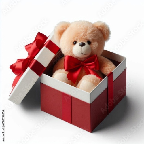 A teddy bear nestled inside a gift box, set against an isolated white background. AI generated.
