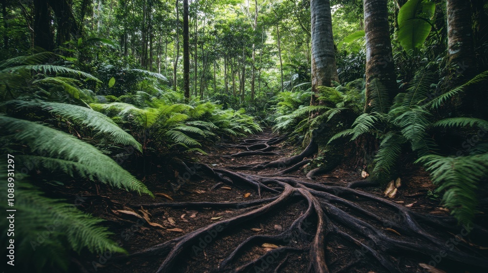 Fototapeta premium Lush Green Forest Path with Intricate Roots and Vibrant Ferns Surrounded by Tall Trees Creating a Serene and Tranquil Atmosphere in Nature