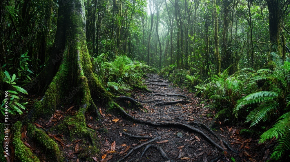 Fototapeta premium Lush Green Forest Pathway Surrounded by Dense Vegetation and Mysterious Fog in a Tropical Jungle Environment for Nature Lovers and Adventure Seekers