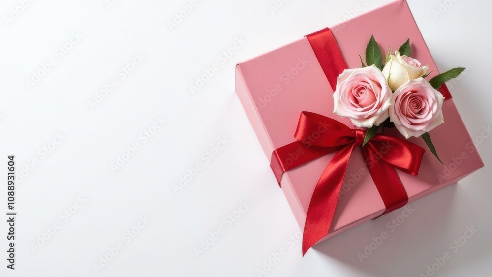 pink gift box with red ribbon and roses on white background pink gift box with red ribbon and roses on white background