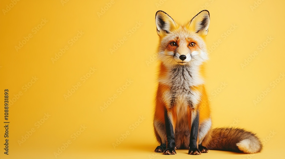 Obraz premium A realistic illustration of a fox sitting against a bright yellow background.
