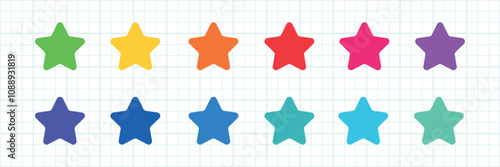 colored stars. Star icons by rating on the background of paper grid notebook sheet