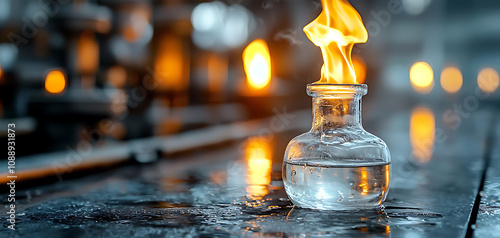 Flaming water experiment demonstration laboratory science project controlled environment close-up chemistry experimentation