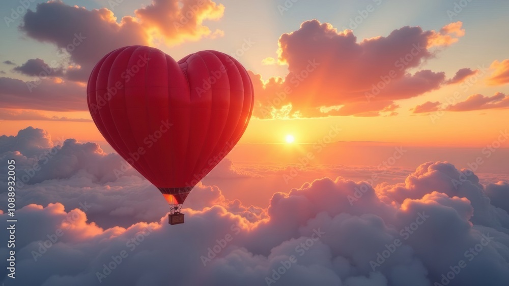 Fototapeta premium banner of a hot air balloon in the shape of a red heart flies in the sunset sky with clouds, Valentine's Day concept