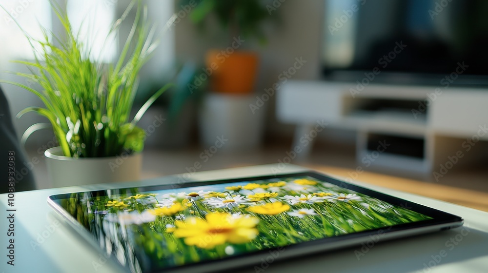 Bright and Colorful Spring Flowers Displayed on a Digital Tablet with Lush Greenery in a Modern Living Space, Ideal for Nature and Technology Themes Bright and Colorful Spring Flowers Displayed on a Digital Tablet with Lush Greenery in a Modern Living Space, Ideal for Nature and Technology Themes