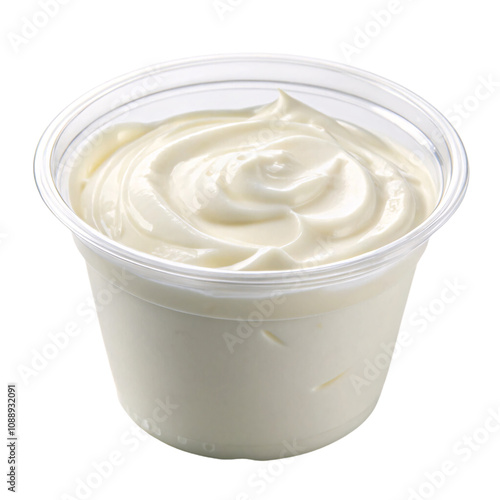 A cup of plain yogurt with a smooth, creamy texture, swirling slightly at the top for visual appeal, set against a transparent background