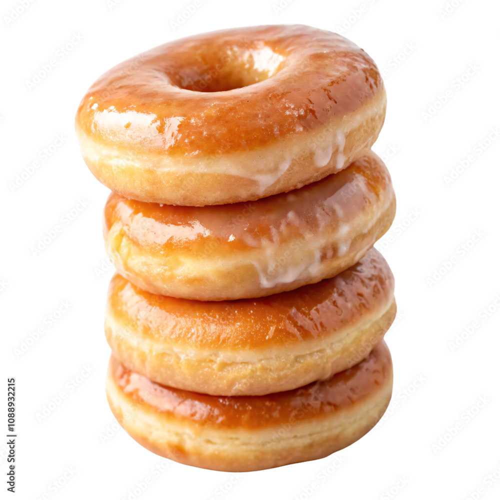 A stack of four golden-brown, glossy donuts, glistening with a sweet sugar glaze, displaying a mouthwatering treat, set against a transparent background A stack of four golden-brown, glossy donuts, glistening with a sweet sugar glaze, displaying a mouthwatering treat, set against a transparent background