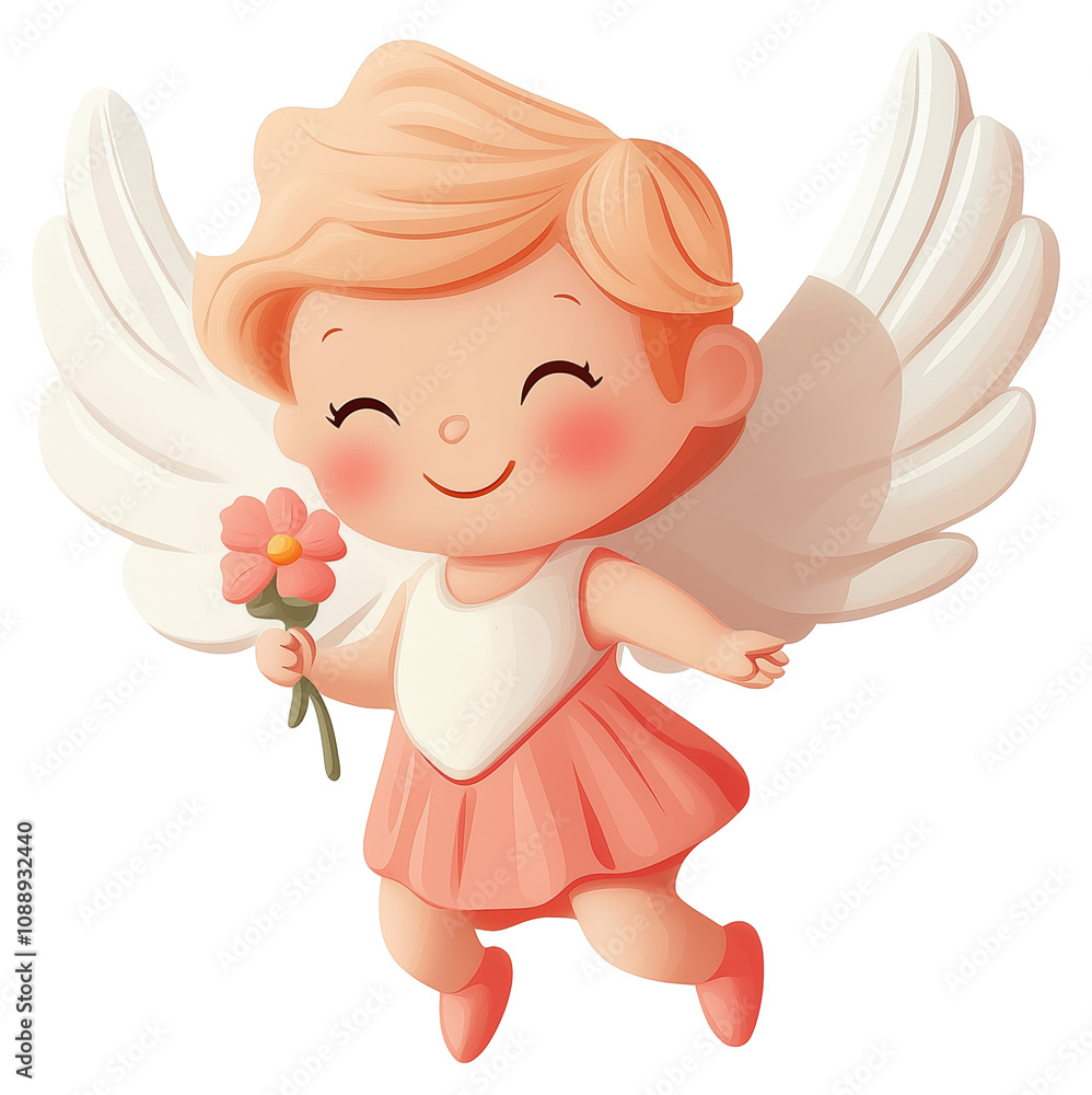 Cute cartoon angel character with pink dress and wings holding flowers isolated on transparent background. Cute cartoon angel character with pink dress and wings holding flowers isolated on transparent background.