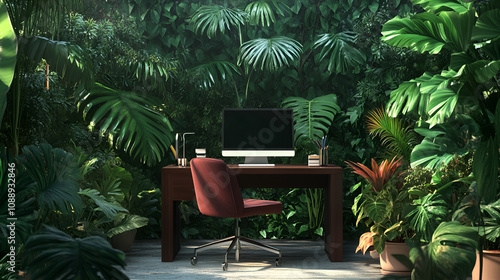 Quiet office setup in a botanical garden surrounded by tropical plants peaceful yet refreshing vibe Copy space