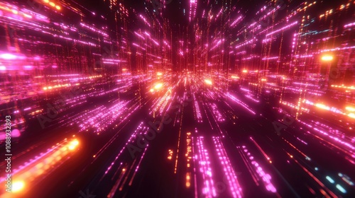 A glowing neon particle system moving in an electric pattern, representing the fluid dynamics of data transfer and the structure of a modern network system.