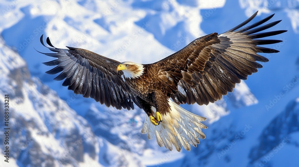 Fototapeta premium Majestic Golden Eagle in Flight Over Snowy Mountains During Migration Season Against a Stunning Alpine Backdrop