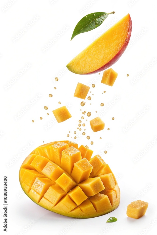 Manggo pieces fall down on isolated white background, fresh fruit for your design or background. Manggo pieces fall down on isolated white background, fresh fruit for your design or background.